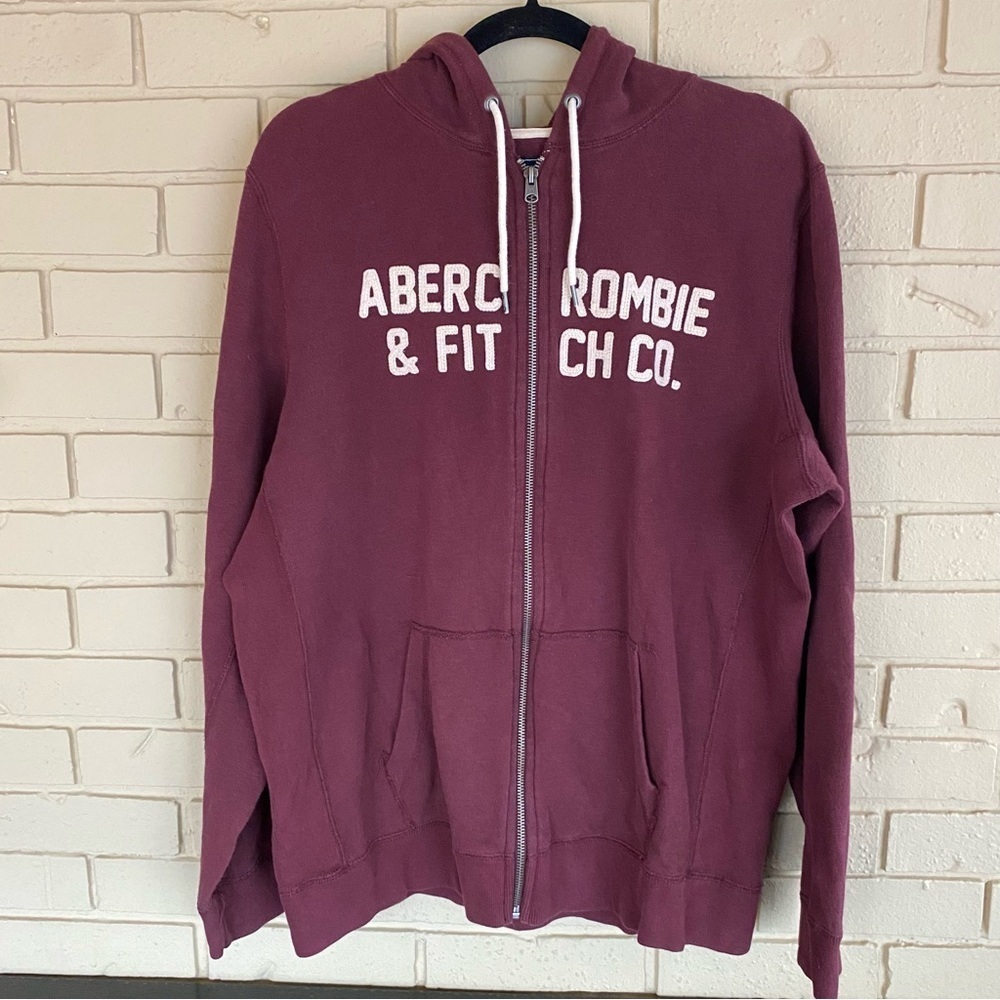 Abercrombie Fitch Hoodie Sweatshirt Mens XL Maroon Full Zip Patch Logo Heavy